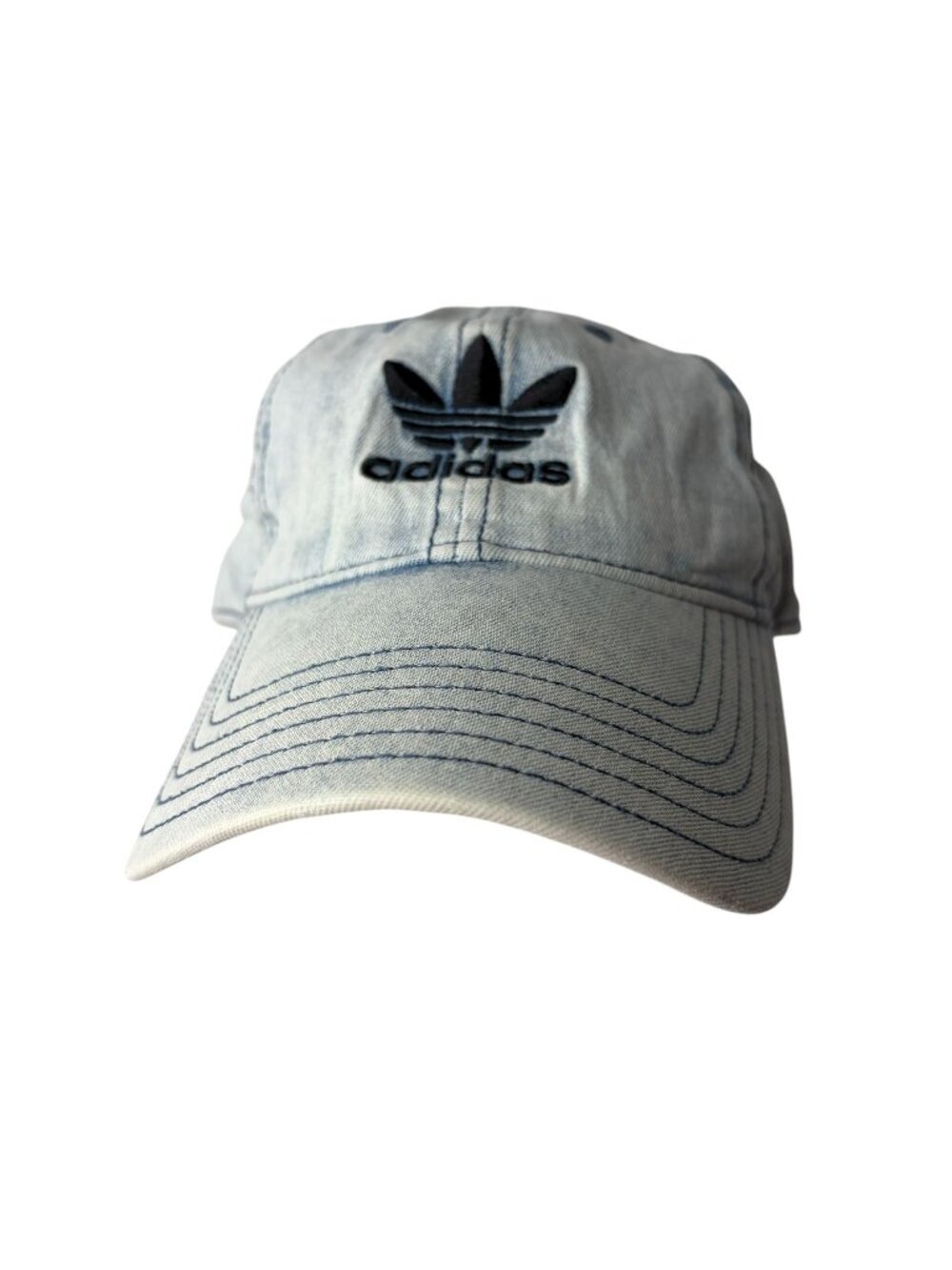 Adidas Blue Denim Strapback Hat With Trefoil Logo Y2K VIntage Acid Wash